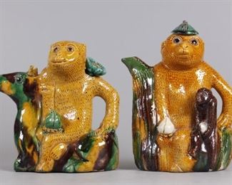 2 Chinese monkey form porcelain teapots, possibly 19th c.