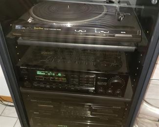 Technics turntable, Onkyo stereo and receiver, cabinet