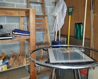 Clothing rack, wood ladders, shovels and more