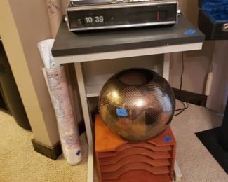 Typewriter table, vintage cassette/radio/clock, maps, more