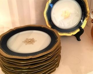 Limoges dessert dishes, set of ten, navy blue with gold rims