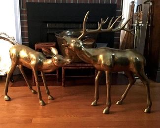 vintage brass deer pair, large brass bucket, fireplace items, bamboo mini tables