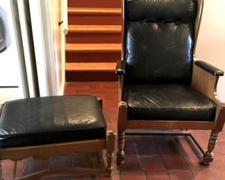 black pleather wooden chair and ottoman set