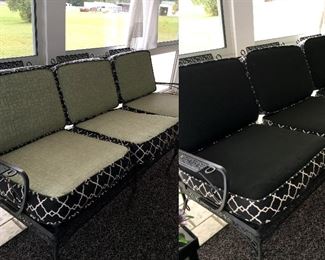 metal porch couch with custom-made reversible cushions
