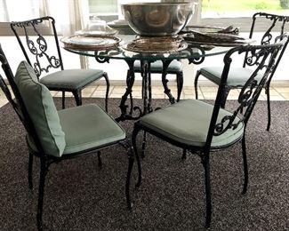 iron and glass dining set, six chairs