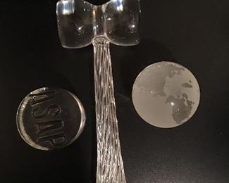 Crystal gavel and paperweights