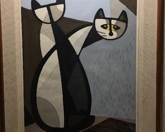 Tomoo Inagaki Woodblock "2 Cats" Perfectly framed.