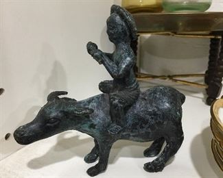 Boy riding Ox with Flute Bronze