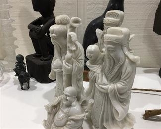 White Jade, Marble Oriental figures, Buddha, Boy on Bronze Ox w/Flute, Egyptian Cat.