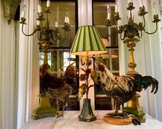 Fabulous candelabra style lamps, taxidermy chickens.