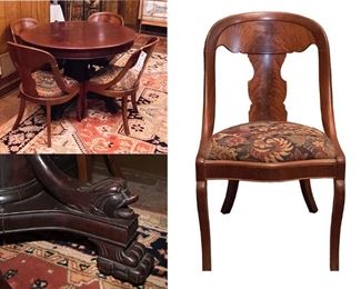 Mahogany Center Table Dolphin Feet and Empire Dining Chairs