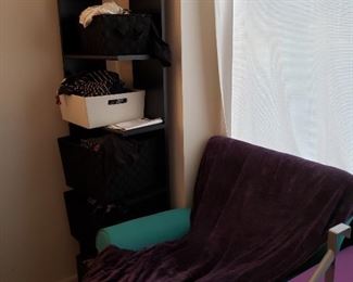 Corner Shelf, Teal Chair, Throw Blanket, Misc