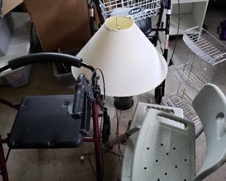 Assorted Medical Assist Items - Walker w Seat, Shower Chair, Lamp, Shower Caddy