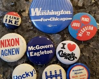 Vintage Election Campaign Buttons. Nixon, McGovern, IKE, Humphrey, Harold Washington