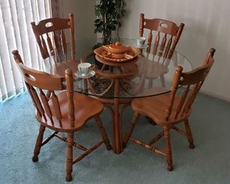 Bamboo & Glass Round Dining Table and 4 Solid Wood Chairs