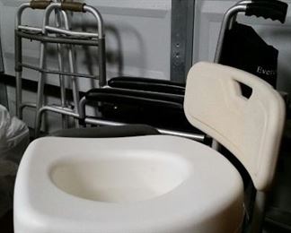 Various accessibility items including walker, shower chair, wheelchair, walker etc