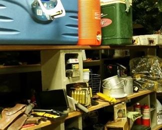 Camping and outdoor paraphernalia, lanterns, coolers, propane, flashlight, pots etc