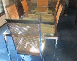 Milo Baughman Chrome & Glass Dining Table, Set of 6 Milo Baughman for Thayer Coggins Chrome & Cane Dining Arm Chairs
