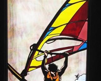 Super lighted and framed Leaded and Stained Glass Wind Surfer, Aprox. 5 feet tall x 3 feet wide in Boxed frame. 