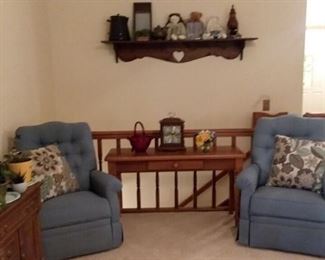 Blue upholstered Chairs; sofa table; wall decor; is Amberina glass basket;  country collectibles