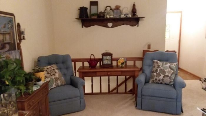 Blue upholstered Chairs; sofa table; wall decor; is Amberina glass basket;  country collectibles