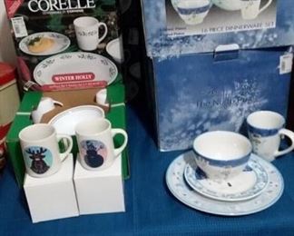 Sets of seasonal dishes still in box... Corelle’s “Winter Holly” and several other sets!
