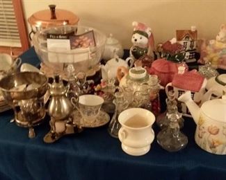 Vintage teapots, glass, cookware and bakeware, servingware, silverplate, tea cups, pottery and more!