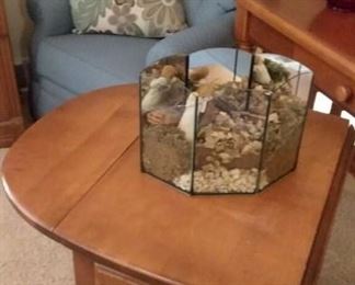 Drop Leaf Side Table, Sofa Table and Blue Upholstered Recliner with decorative pillow