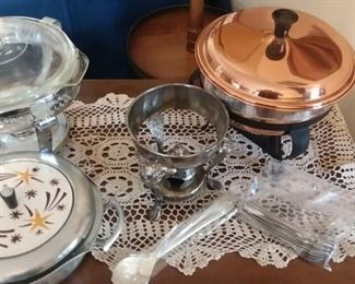 Copper Chafing Dish; Mid-Century Modern (Retro) Aluminum Chafing Dish; and other serving pieces.