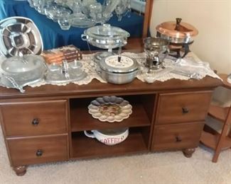 Great dark stained wood entertainment center / side buffet Cabinet; wood heart-shaped side stand and a wonderful collection of mid-century modern / retro serving pieces.