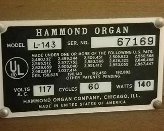 Hammond Organ Spinet with Bench made in 1963-68. It is Model No. L-143 - Serial 67169