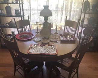 Antique Oak Table, 1 Large Leaf, and 6 High-Back Chairs