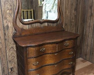 Antique Curved Front Double Dresser and Mirror