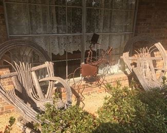 2 Stick Chairs, and a metal cowboy on his horse