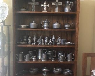 Large Assortment of Pewter Items, in a hand-crafted Display Cabinet