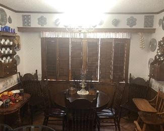 Vintage 42" Oak Table, 2 Leaves and 6 Chairs, Vintage Press-back High Chair...