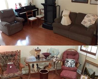 power lift chair, loveseat, slider rockers, sofa table, Roseville crock, ceramic dogs, piano, treadmill