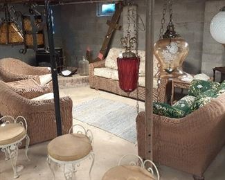 whicker set, vanity chairs, hanging lamps