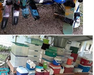 Obrien water skis, snow boards, sleds, totes, coolers