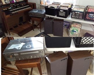 Quasar stereo turn table and speakers, vinyl records, organ