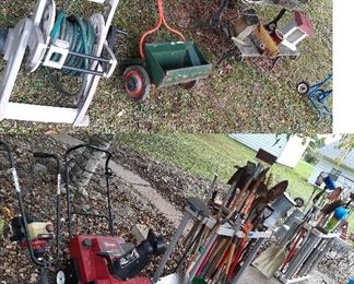 snow blower, tiller, hose reel, bench, lawn tools