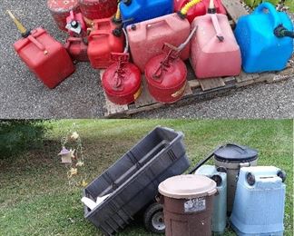 gas cans, lawn trailer, oars