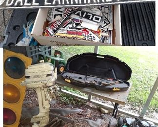 stop light, Mercury 110 outboard motor, Browning youth bow, puch mower, Dale Earnhardt street sign