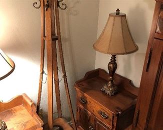 Mission Style Coat/Hat Rack, Sprague and Carlton Nightstands (2), Lamps