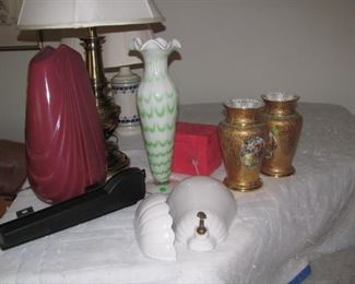 Haeger Pottery  Vase, Large unsigned Glass Vase and an pair of 50's Le Mieux China gold vases 