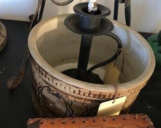 Art Pottery Crock  ~ Old Wrought Iron Candle Holder