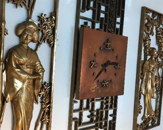 Asian Motif Theme Wall Clock & Key With Geisha Girl Panels ~ Three Piece Set