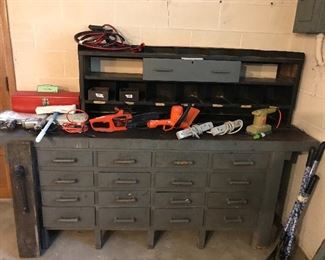 Old Large Wooden And metal Work Bench
