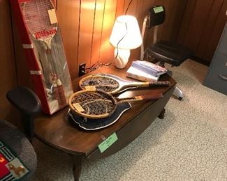 Drop Side Coffee Table ~ Vintage Tennis Rackets ~ Vintage Badminton Set 