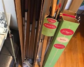 Vintage J.C. Higgings Bow And Arrow Set With Box ~ Vintage McGreggor Mike Souchak Golf Club Set In Box And Bags ~ Never Used ~ Vintage Fishing Reel With Rod